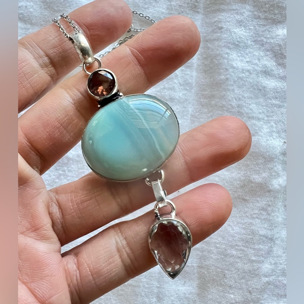 925 Feminine Beautiful! Blue Agate + Topaz Necklace Pendant - Picture 5 of 7